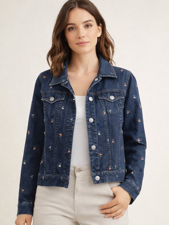 Liz Claiborne Jackets & Blazers - Liz Claiborne Womens Sz XL Floral Embroidered Dark Blue Denim Jacket
